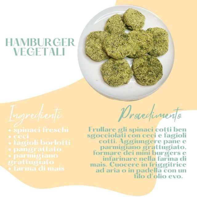 🥬🫘Hamburger vegetali - 
Legumi e spinaci 🥬🫘

Vi presento una ricetta super semplice per introdurre i legumi, ideali anche per chi non li ama particolarmente 😍

Questi mini hamburger sono super croccanti fuori e morbidi dentro, dal sapore unico e inconfondibile. 

Ingredienti 📝
• spinaci freschi
• ceci
• fagioli borlotti (o cannellini)
• pangrattato
• parmigiano grattugiato
• farina di mais

Procedimento ⬇️
Frullare gli spinaci cotti ben sgocciolati con ceci e fagioli cotti. Aggiungere pane e parmigiano grattugiato, formare dei mini burgers e infarinare nella farina di mais. Cuocere in friggitrice ad aria o in padella con un filo d'olio evo.
